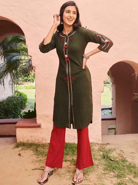 

Lakshita Women Olive Green Yoke Design Thread Work Kurta
