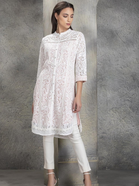 

Lakshita Women White Floral Thread Work Cotton Kurta