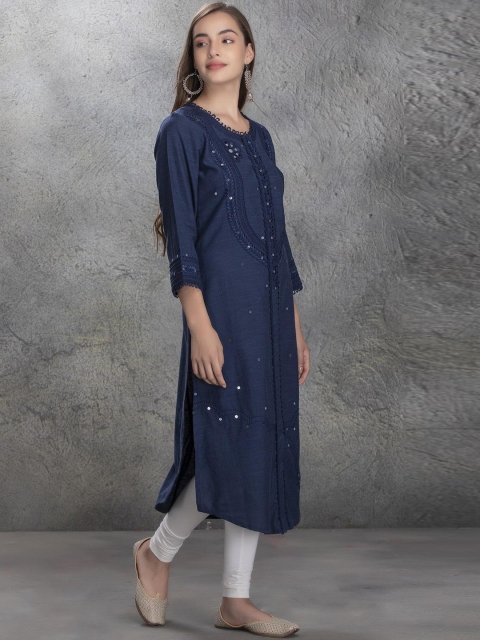 

Lakshita Women Blue Ethnic Motifs Embroidered Thread Work Kurta
