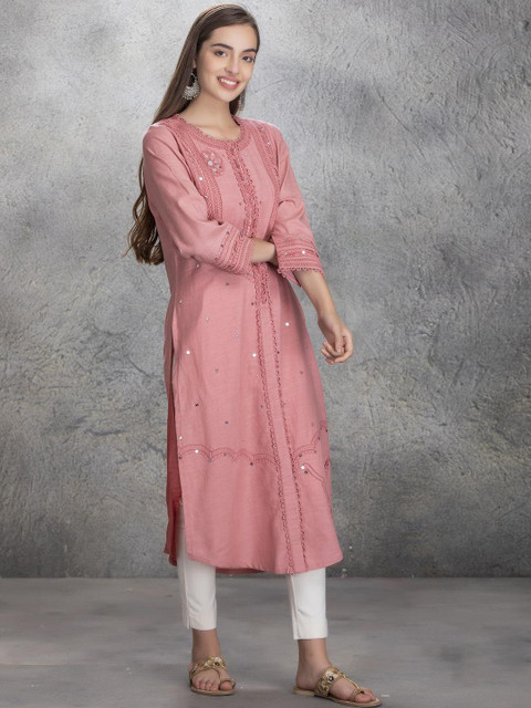 

Lakshita Women Red Geometric Embroidered Linen Mirror Work Kurta