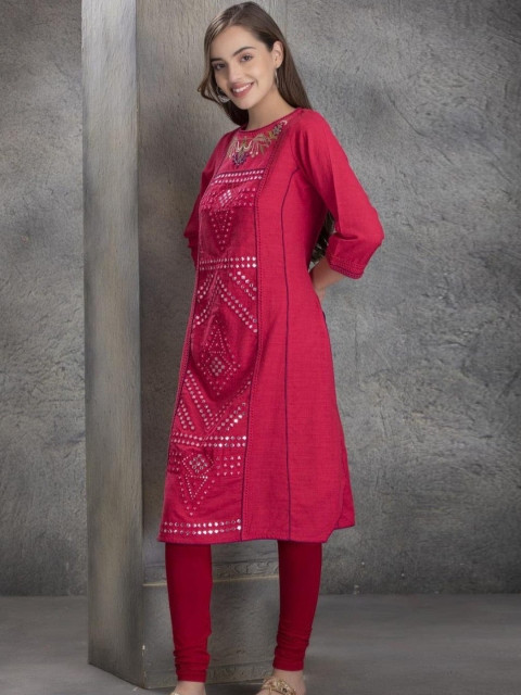 

Lakshita Women Fuchsia & Purple Ethnic Motifs Embroidered Mirror Work A-Line Kurta