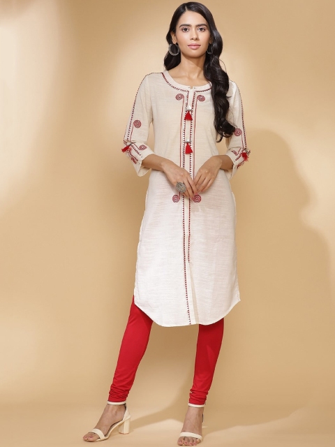 

Lakshita Women White & Red Geometric Embroidered Cotton Kurta
