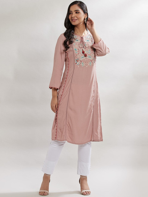 

Lakshita Women Red Floral Embroidered Keyhole Neck Thread Work Kurta