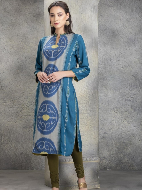 

Lakshita Women Blue Embroidered Keyhole Neck Flared Sleeves Kurta