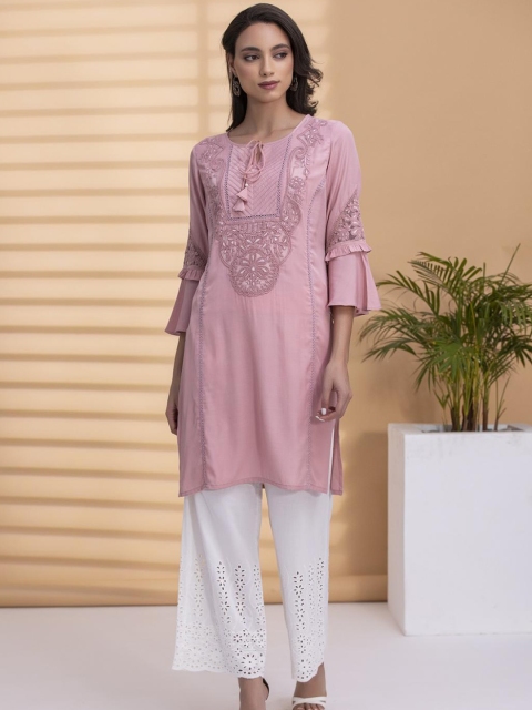 

Lakshita Women Pink Floral Embroidered Thread Work Cotton Kurta