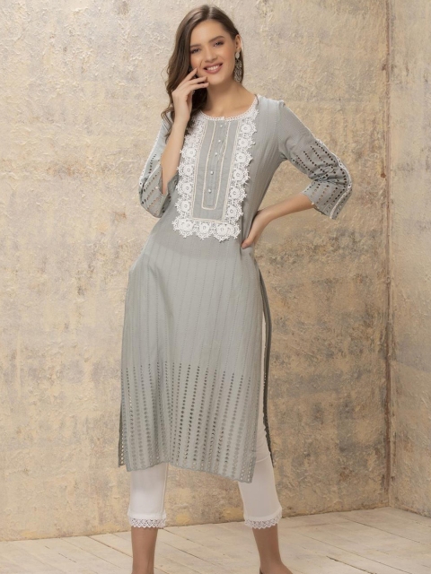 

Lakshita Women Green Embroidered Schiffli Thread Work Kurta