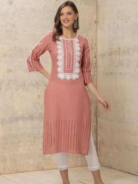 

Lakshita Women Pink & White Yoke Design Thread Work Kurta