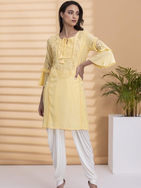 

Lakshita Women Yellow Floral Embroidered Flared Sleeves Kurta