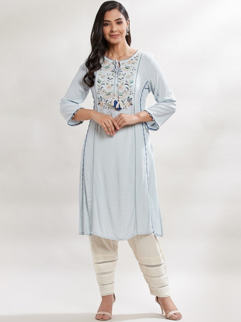 

Lakshita Women Blue Ethnic Motifs Yoke Design Chikankari Cotton Kurta