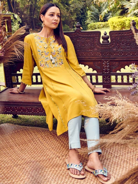 

Lakshita Women Yellow Floral Embroidered Thread Work Kurta