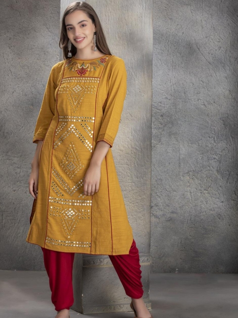 

Lakshita Women Red & Gold-Toned Embroidered Cotton Kurta