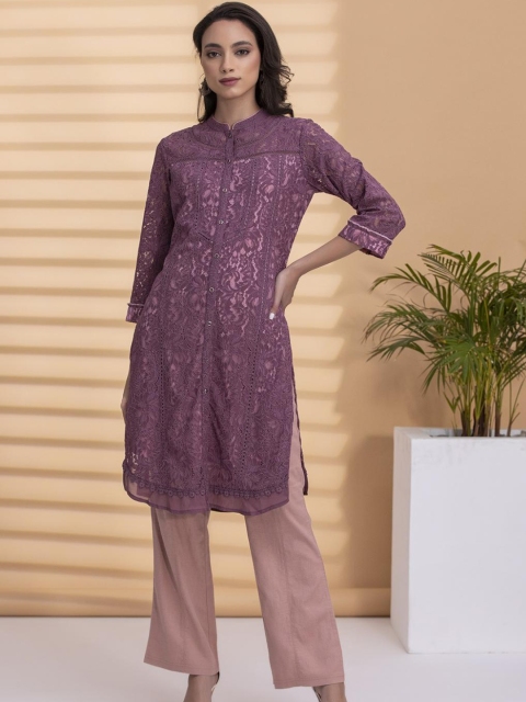 

Lakshita Purple Mandarin Collar Sheer Tunic