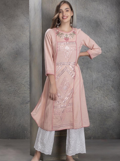 

Lakshita Women Peach-Coloured Ethnic Motifs Embroidered Mirror Work Kurta