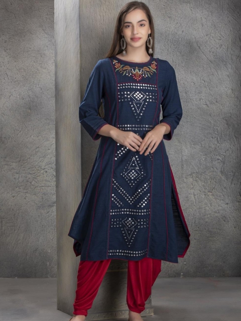 

Lakshita Women Teal Embroidered Mirror Work Kurta