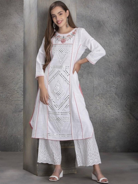 

Lakshita Women White Geometric Embroidered Thread Work Kurta