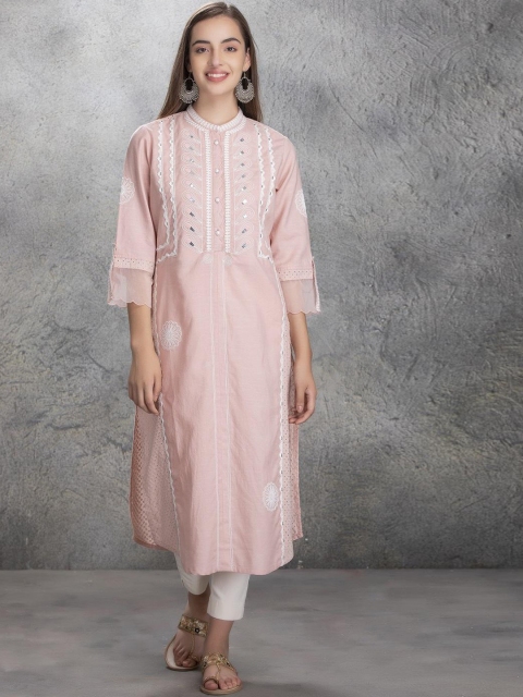 

Lakshita Women Pink & White Ethnic Motifs Yoke Design Cotton Kurta