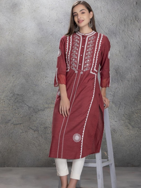 

Lakshita Women Red & White Ethnic Motifs Embroidered Mirror Work A-Line Kurta