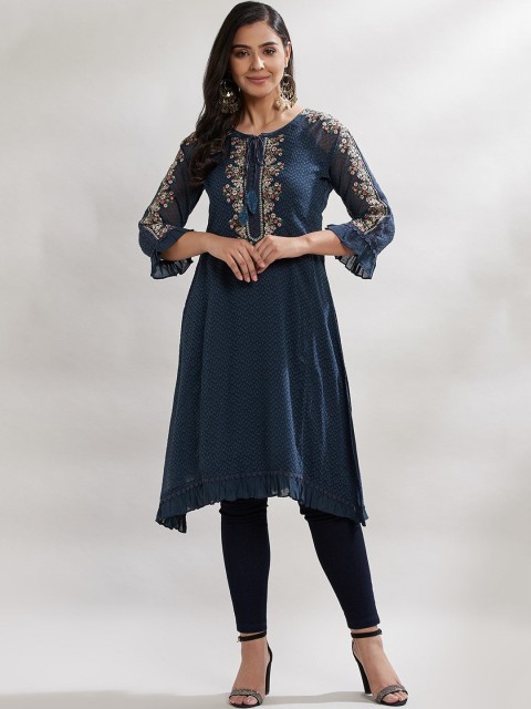 

Lakshita Women Blue Ethnic Motifs Yoke Design Bell Sleeves Kurta