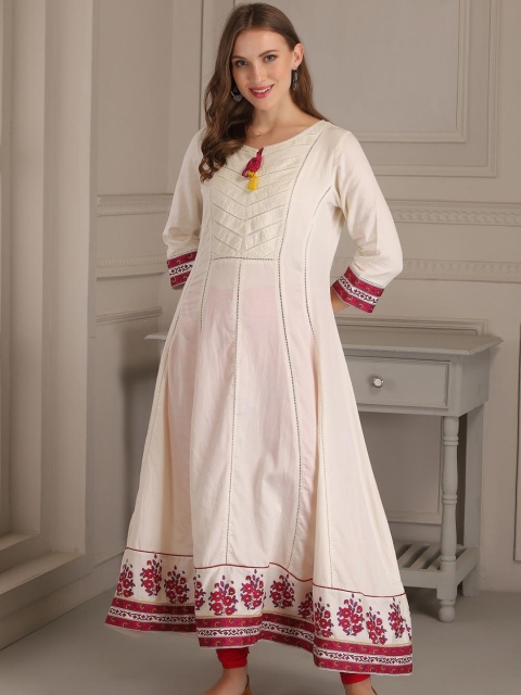

Lakshita Women White & Pink Floral Printed Keyhole Neck Anarkali Kurta