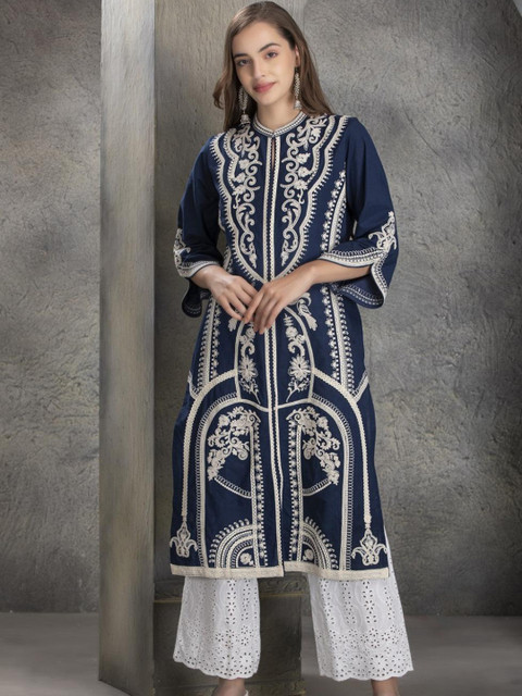 

Lakshita Women Blue & White Ethnic Motifs Embroidered Cotton Kurta