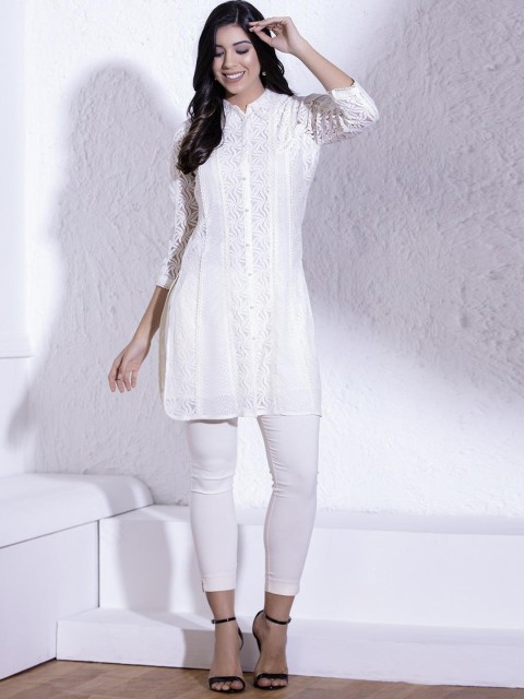 

Lakshita Women White Floral Woven Design Pathani Kurta