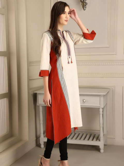 

Lakshita Women Off White & Orange Colourblocked Kurta