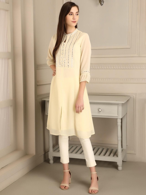 

Lakshita Women Cream-Coloured Embroidered Mirror Work Kurta