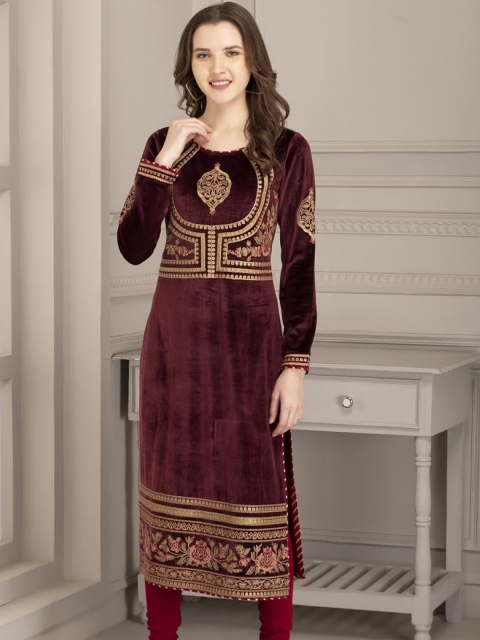 

Lakshita Women Maroon & Gold-Toned Ethnic Motifs Yoke Design Thread Work Velvet Kurta