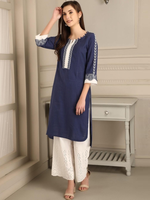 

Lakshita Women Navy Blue & White Ethnic Motifs Yoke Design Thread Work Kurta