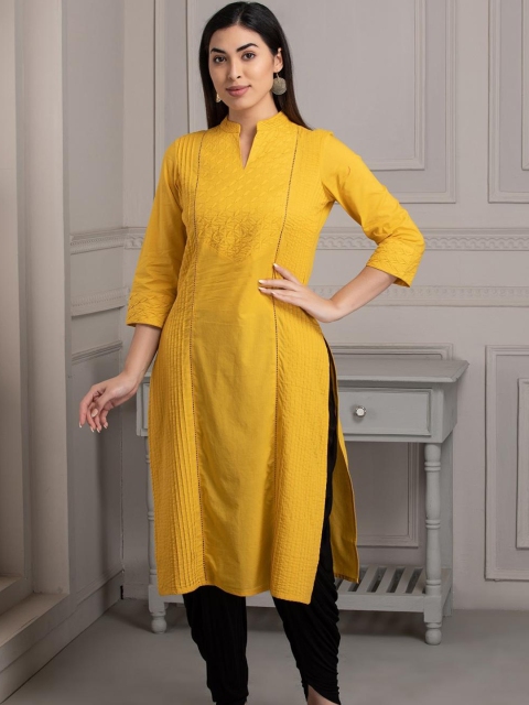 

Lakshita Women Yellow Pintuck Details Thread Work Kurta