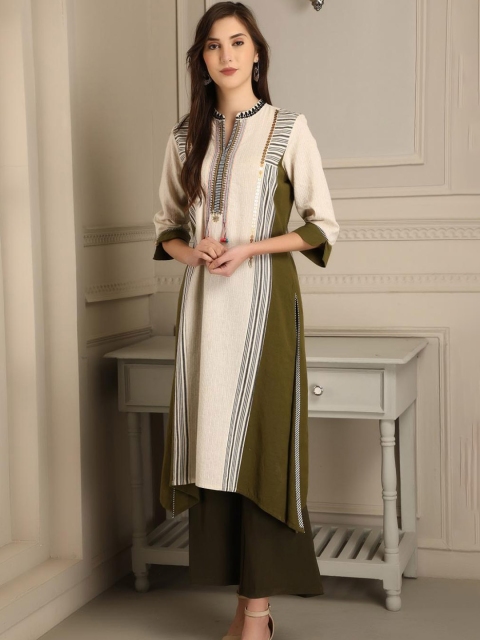 

Lakshita Women Olive Green & Cream-Coloured Printed Cotton High-Low Kurta