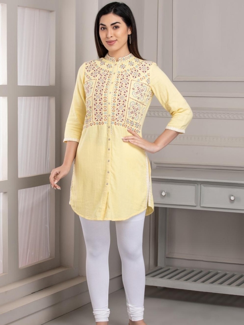 

Lakshita Yellow Mandarin Collar Embroidered Tunic