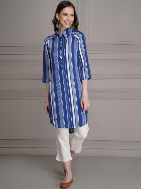 

Lakshita Women Navy Blue & White Striped Pathani Kurta