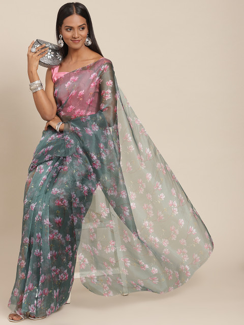 

SIRIL Green Floral Organza Saree