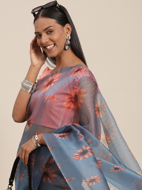 

SIRIL Blue Floral Organza Saree