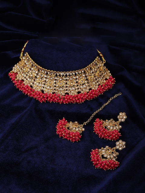 

KOLHA-BY CARLTON Pink Gold-Plated Kundan Studded Beaded Jewellery Set