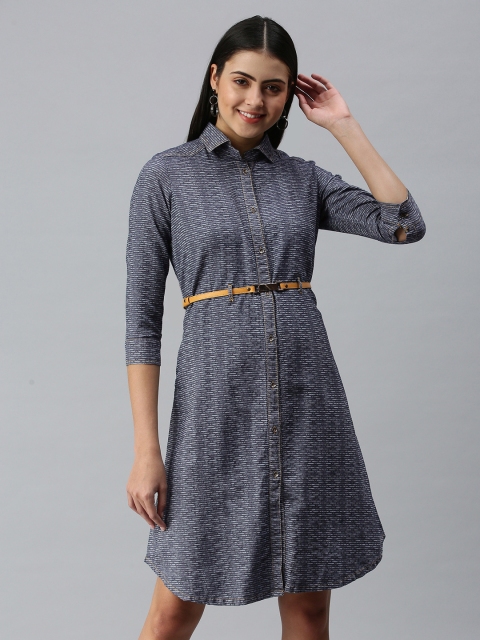 

ETIQUETTE Women Navy Blue & Grey Woven Design Shirt Style A-Line Midi Dress