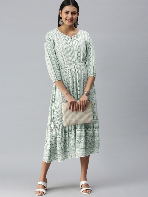 

ETIQUETTE Women Off White & Green Geometric Printed Ethnic A-Line Midi Dress