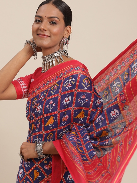 

Satrani Navy Blue & Pink Patola Foil Print Cotton Saree