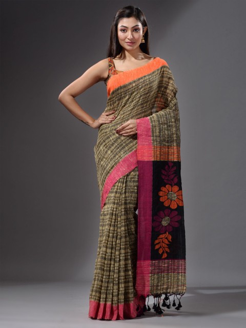 

Charukriti Black & Beige Striped Pure Cotton Saree