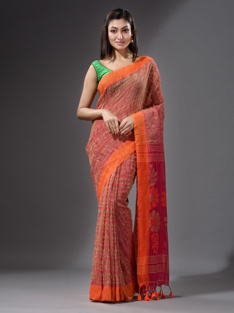 

Charukriti Red & Orange Floral Pure Cotton Saree