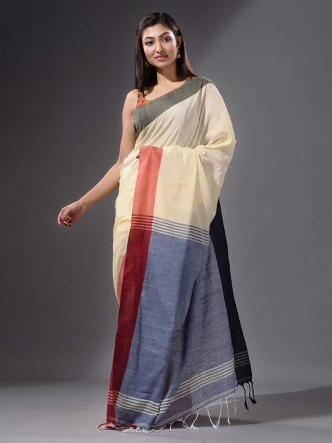 

Charukriti Off White Solid Woven Design Pure Cotton Saree