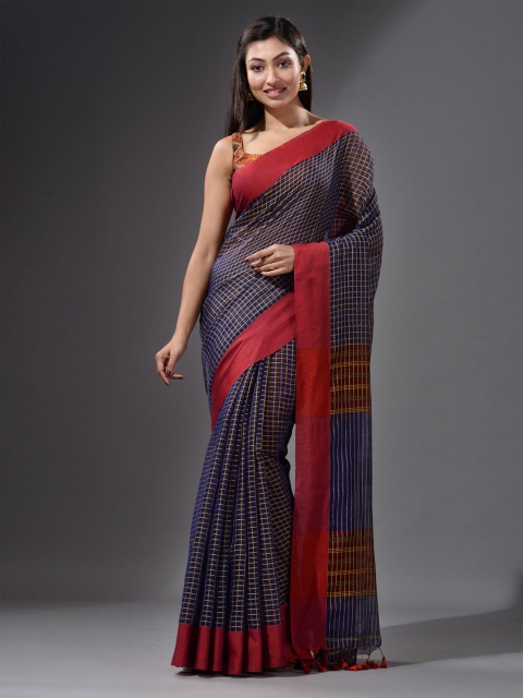

Charukriti Navy Blue & Blue Checked Handwoven Cotton Blended Saree