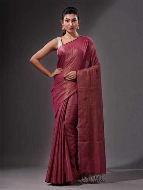 

Charukriti Red & Gold-Toned Woven Design Zari Pure Cotton Saree