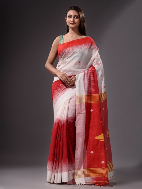 

Charukriti White & Red Woven Design Saree