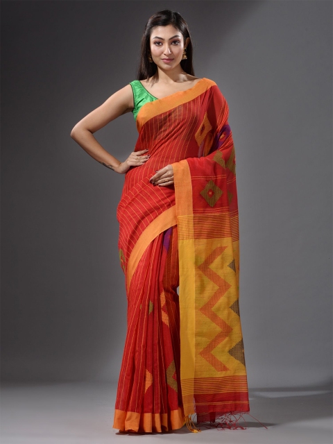 

Charukriti Red & Yellow Striped Saree