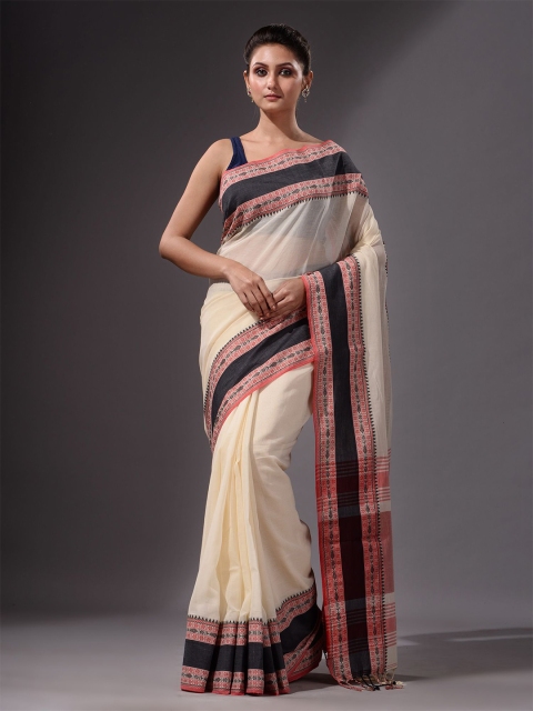 

Charukriti Off White & Black Pure Cotton Saree