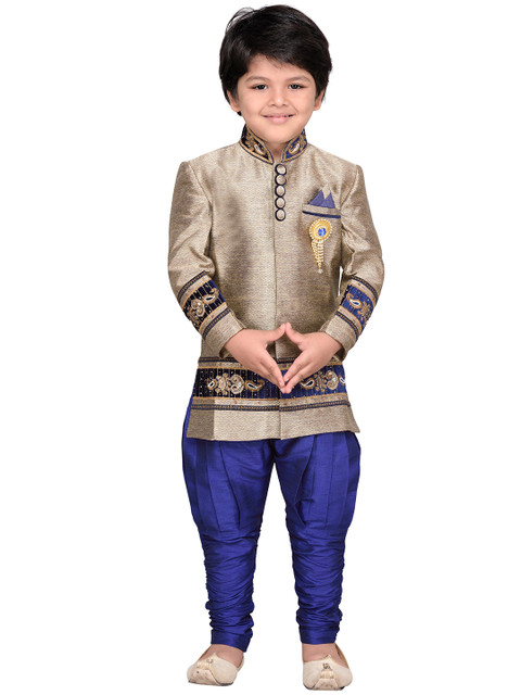 

Aj DEZInES Boys Golden & Blue Embroidered & Embellished Sherwani, Gold