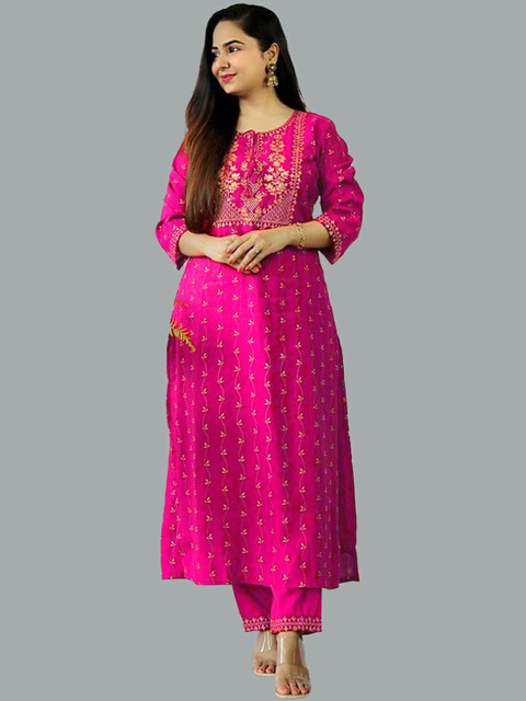 

KALINI Women Pink Ethnic Motifs Layered Kurti with Trousers & With Dupatta