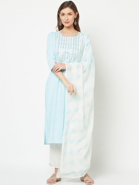 

KALINI Women Blue & White Ethnic Motifs Printed Regular Kurta with Trousers & Dupatta
